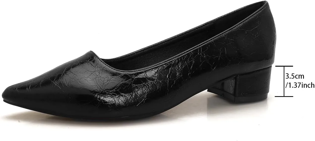 1 Inch Slip On Pointed Closed Toe Pumps for Women Comfortable Low Block Chunky Work Heels Women's Black Red Dressy Pump Shoes for Business Meeting Party