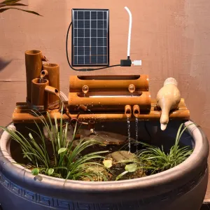 12" Bamboo Fountain Kit with Pump & Solar Powered Water Fountain with Water Wheel for Feng Shui Zen Indoor Outdoor Garden Patio