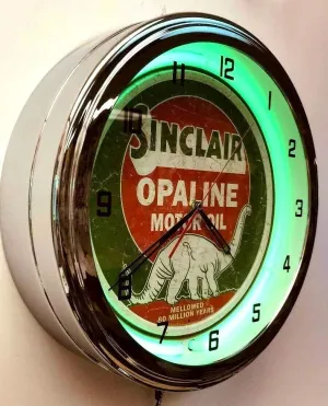 16" Sinclair Opaline Motor Oil Sign Green Neon Clock Gas Station