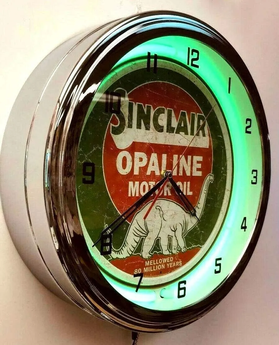 16" Sinclair Opaline Motor Oil Sign Green Neon Clock Gas Station