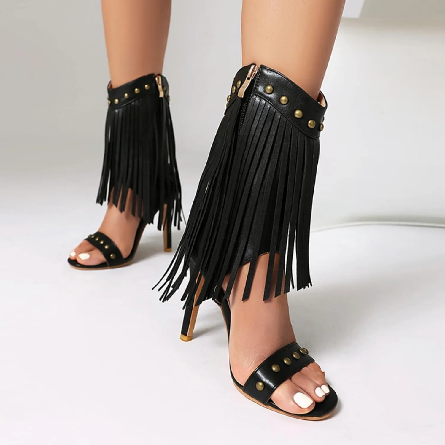 Aflngle Women's Tassel Open Peep Toe Stilettos High Heel Sandals Shoes Fashion Studded Fringed Mid Calf Side Zipper Gladiator Heeled Sandal Pumps Shoes