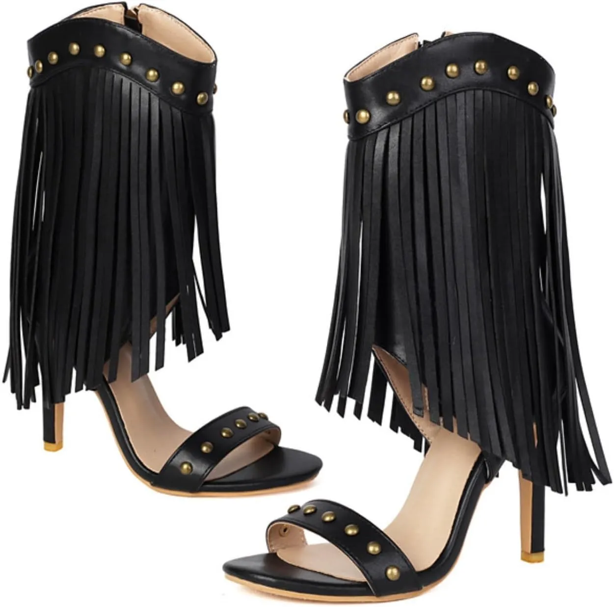Aflngle Women's Tassel Open Peep Toe Stilettos High Heel Sandals Shoes Fashion Studded Fringed Mid Calf Side Zipper Gladiator Heeled Sandal Pumps Shoes
