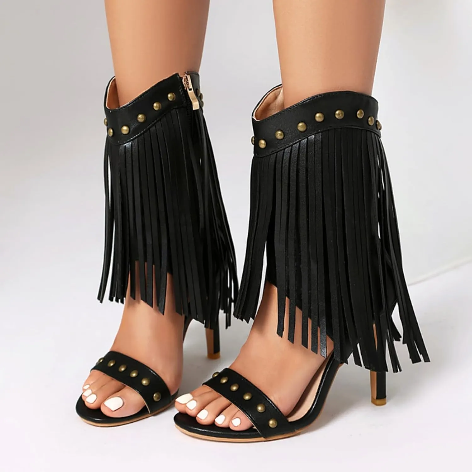 Aflngle Women's Tassel Open Peep Toe Stilettos High Heel Sandals Shoes Fashion Studded Fringed Mid Calf Side Zipper Gladiator Heeled Sandal Pumps Shoes