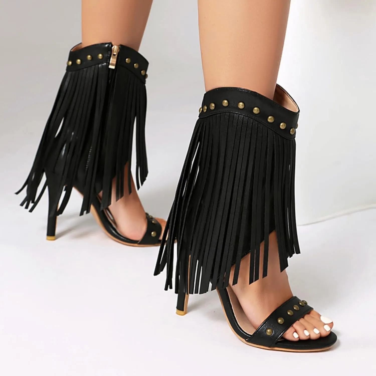 Aflngle Women's Tassel Open Peep Toe Stilettos High Heel Sandals Shoes Fashion Studded Fringed Mid Calf Side Zipper Gladiator Heeled Sandal Pumps Shoes