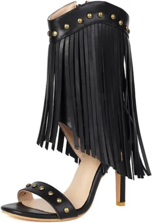 Aflngle Women's Tassel Open Peep Toe Stilettos High Heel Sandals Shoes Fashion Studded Fringed Mid Calf Side Zipper Gladiator Heeled Sandal Pumps Shoes