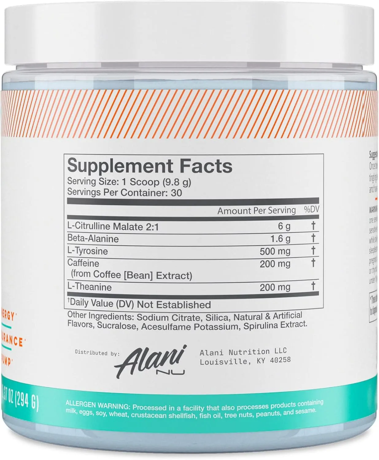 Alani Nu Pre Workout Powder Island Crush, Amino Energy Boost, Endurance Supplement, Sugar Free, 200mg Caffeine, L-Theanine, Beta-Alanine, Citrulline, 30 Servings