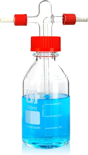 ALWSCI Lab Gas Washing Bottle Glass 500mL Graduated Lab Buffer Bottle, Drechsel Head GL45 with Filter disc Adjustable Immersion, 2 threads GL14 PBT Red Screw Cap, 1set