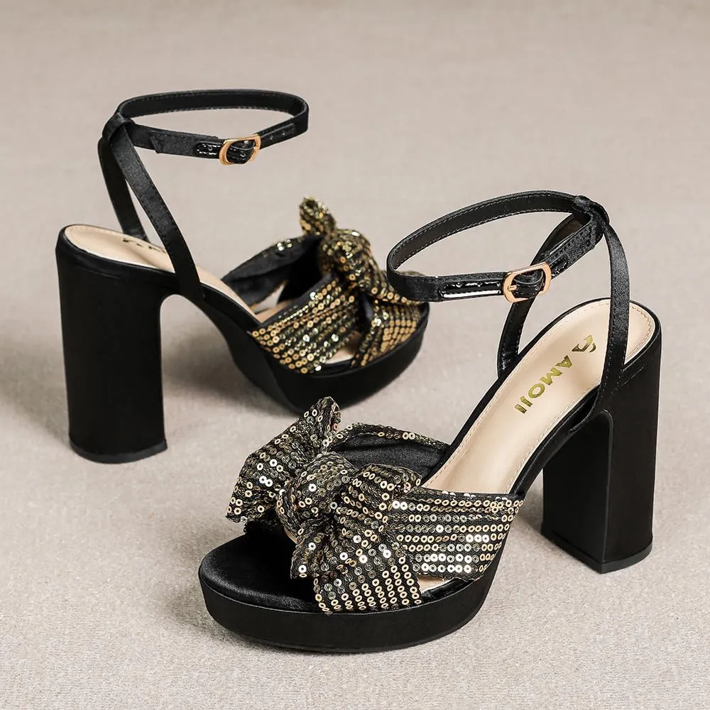 Amoji Women's 4 Inch Block Sequin Platform Heels Bowknot Ankle Strap Heeled Sandal Wedding F4304