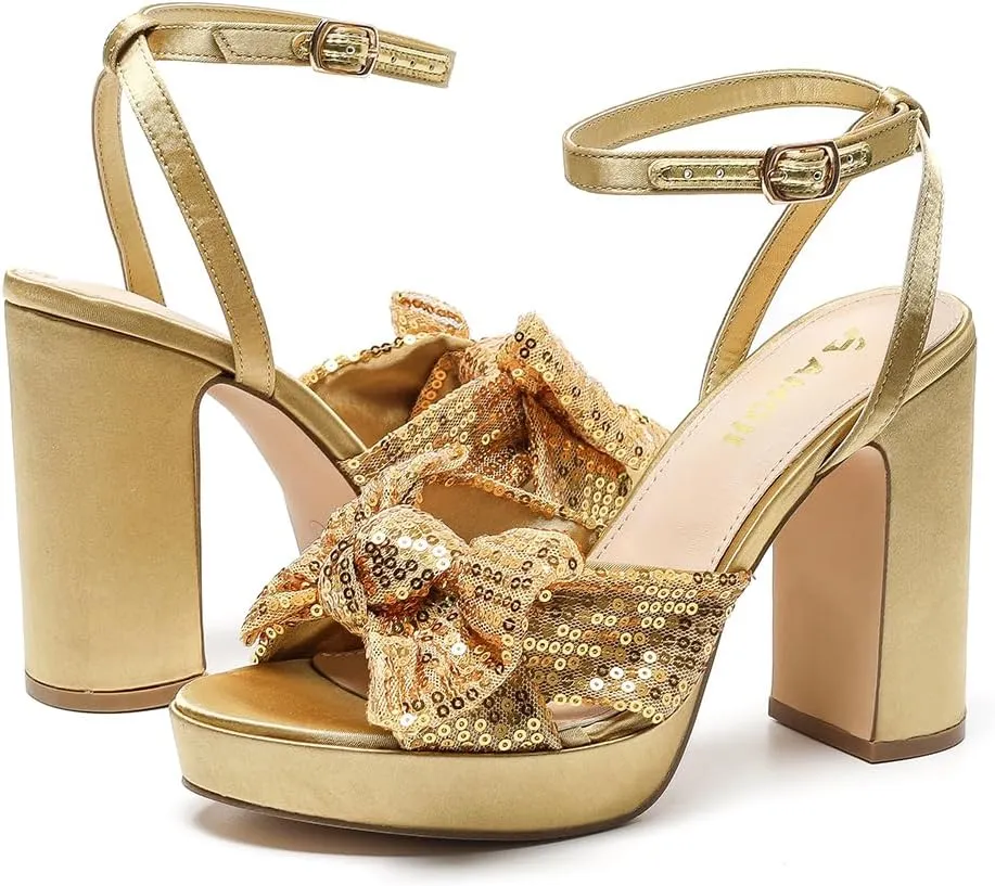 Amoji Women's 4 Inch Block Sequin Platform Heels Bowknot Ankle Strap Heeled Sandal Wedding F4304