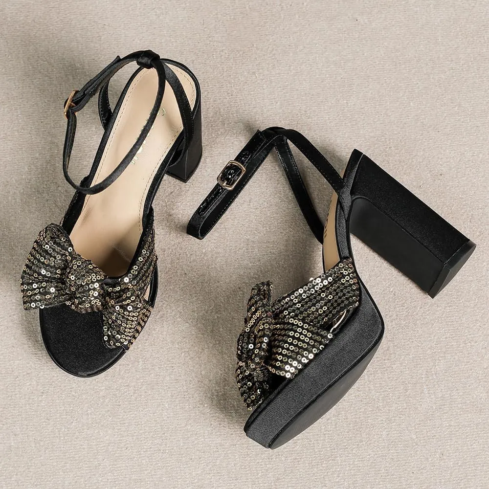 Amoji Women's 4 Inch Block Sequin Platform Heels Bowknot Ankle Strap Heeled Sandal Wedding F4304