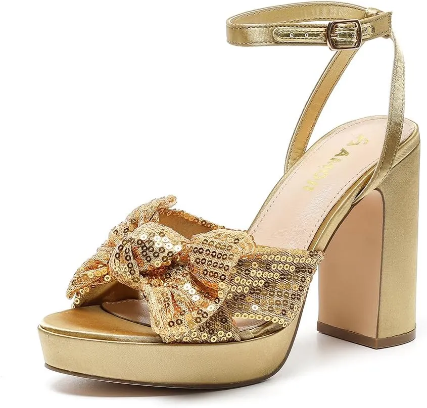 Amoji Women's 4 Inch Block Sequin Platform Heels Bowknot Ankle Strap Heeled Sandal Wedding F4304
