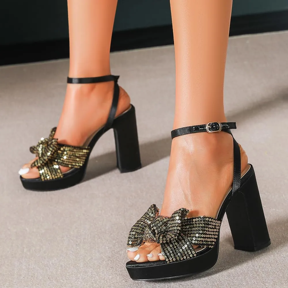Amoji Women's 4 Inch Block Sequin Platform Heels Bowknot Ankle Strap Heeled Sandal Wedding F4304