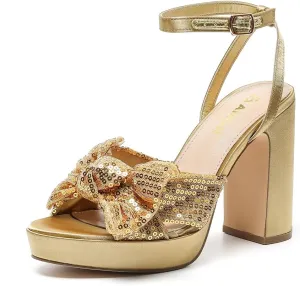 Amoji Women's 4 Inch Block Sequin Platform Heels Bowknot Ankle Strap Heeled Sandal Wedding F4304