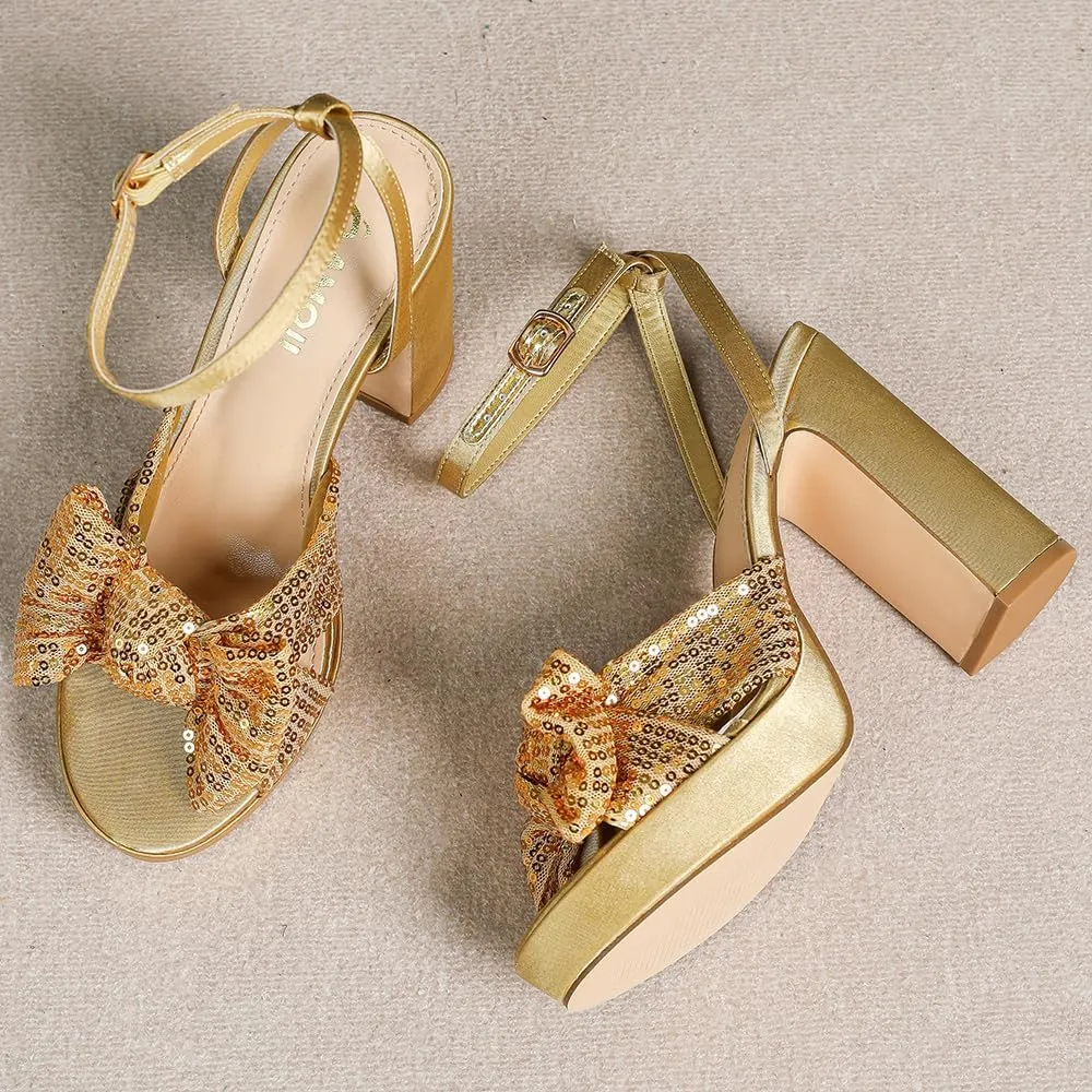 Amoji Women's 4 Inch Block Sequin Platform Heels Bowknot Ankle Strap Heeled Sandal Wedding F4304