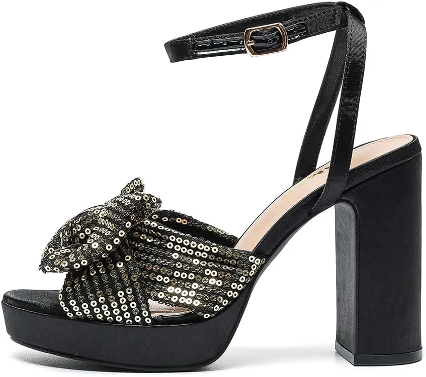 Amoji Women's 4 Inch Block Sequin Platform Heels Bowknot Ankle Strap Heeled Sandal Wedding F4304