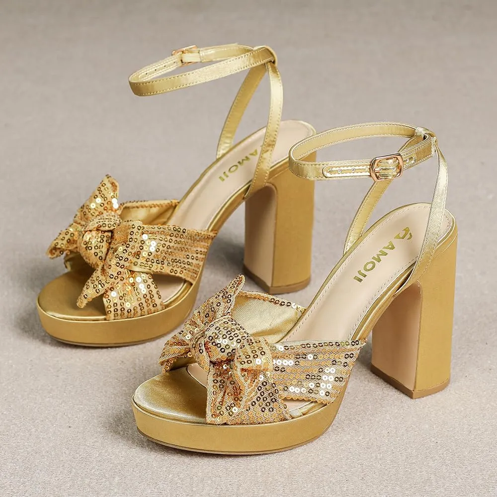 Amoji Women's 4 Inch Block Sequin Platform Heels Bowknot Ankle Strap Heeled Sandal Wedding F4304