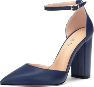 Ankle Strap Heels for Women,Chunky Block Closed Pointed Toe Matte Pumps,Dress Wedding Party Shoes 3 Inch