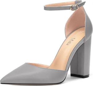 Ankle Strap Heels for Women,Chunky Block Closed Pointed Toe Matte Pumps,Dress Wedding Party Shoes 3 Inch
