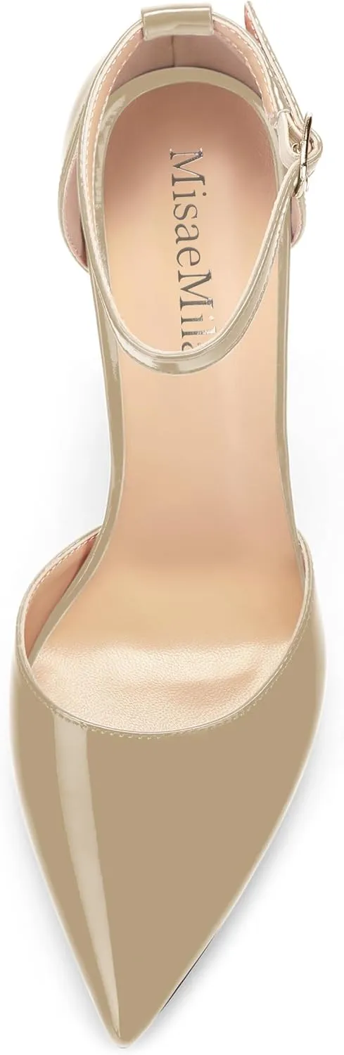 Ankle Strap Heels for Women,Chunky Block Closed Pointed Toe Patent Pumps,Dress Wedding Party Shoes 3 Inch