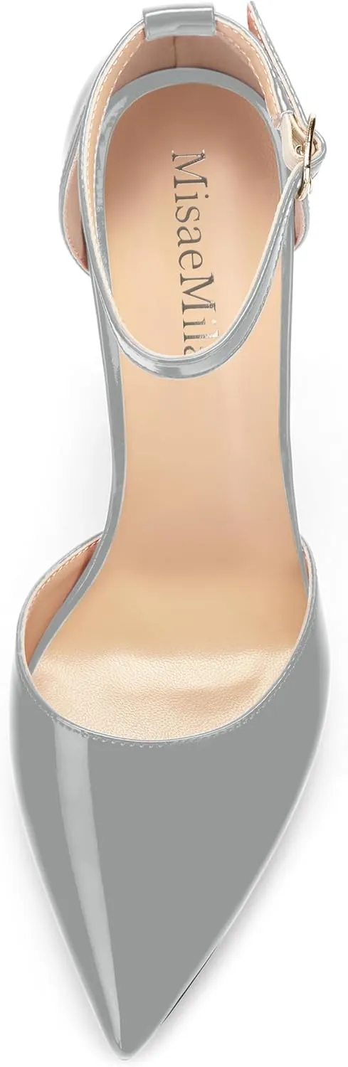 Ankle Strap Heels for Women,Chunky Block Closed Pointed Toe Patent Pumps,Dress Wedding Party Shoes 3 Inch