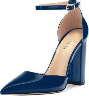 Ankle Strap Heels for Women,Chunky Block Closed Pointed Toe Patent Pumps,Dress Wedding Party Shoes 3 Inch