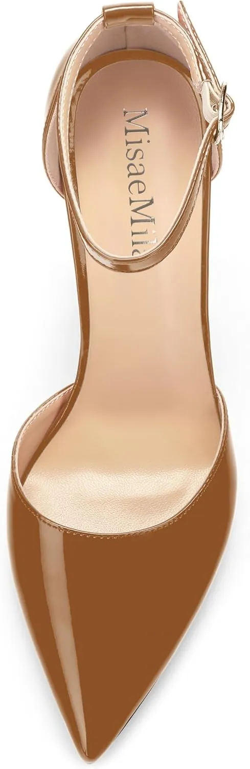 Ankle Strap Heels for Women,Chunky Block Closed Pointed Toe Patent Pumps,Dress Wedding Party Shoes 3 Inch