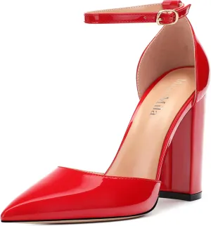 Ankle Strap Heels for Women,Chunky Block Closed Pointed Toe Patent Pumps,Dress Wedding Party Shoes 3 Inch