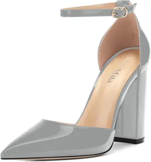 Ankle Strap Heels for Women,Chunky Block Closed Pointed Toe Patent Pumps,Dress Wedding Party Shoes 3 Inch