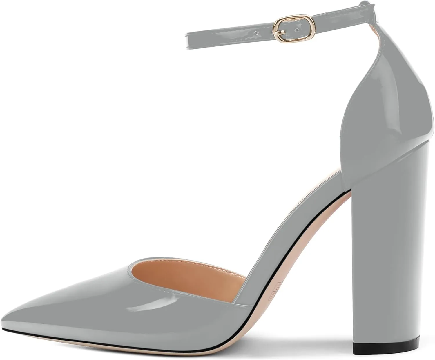 Ankle Strap Heels for Women,Chunky Block Closed Pointed Toe Patent Pumps,Dress Wedding Party Shoes 3 Inch