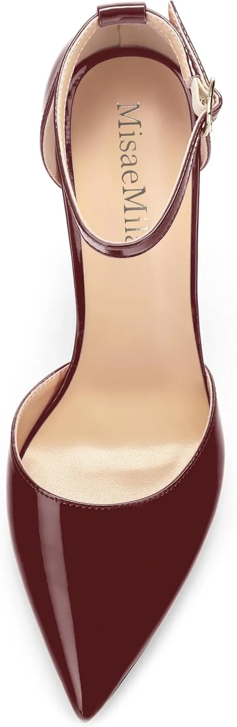 Ankle Strap Heels for Women,Chunky Block Closed Pointed Toe Patent Pumps,Dress Wedding Party Shoes 3 Inch