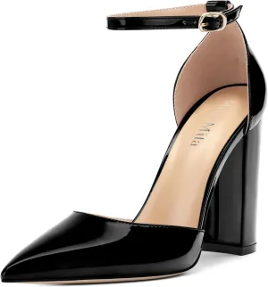 Ankle Strap Heels for Women,Chunky Block Closed Pointed Toe Patent Pumps,Dress Wedding Party Shoes 3 Inch