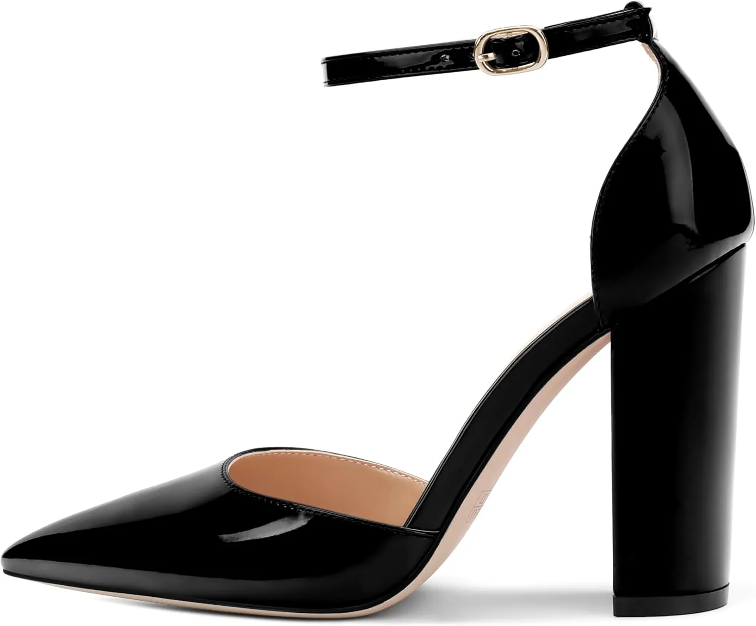 Ankle Strap Heels for Women,Chunky Block Closed Pointed Toe Patent Pumps,Dress Wedding Party Shoes 3 Inch