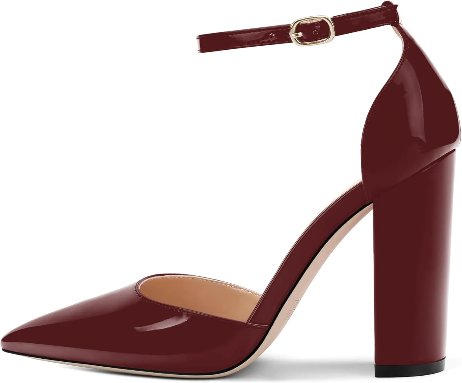 Ankle Strap Heels for Women,Chunky Block Closed Pointed Toe Patent Pumps,Dress Wedding Party Shoes 3 Inch
