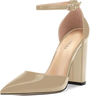 Ankle Strap Heels for Women,Chunky Block Closed Pointed Toe Patent Pumps,Dress Wedding Party Shoes 3 Inch