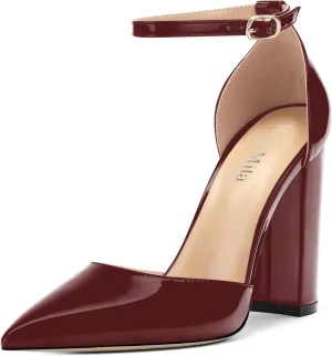 Ankle Strap Heels for Women,Chunky Block Closed Pointed Toe Patent Pumps,Dress Wedding Party Shoes 3 Inch