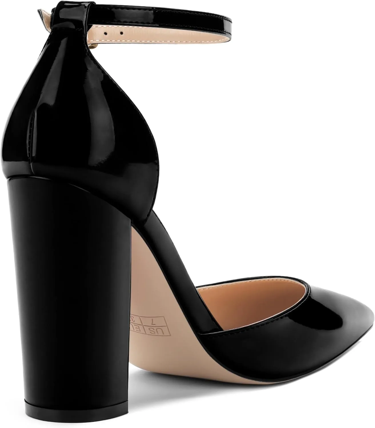 Ankle Strap Heels for Women,Chunky Block Closed Pointed Toe Patent Pumps,Dress Wedding Party Shoes 3 Inch