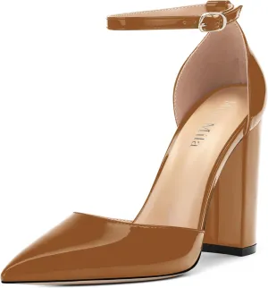 Ankle Strap Heels for Women,Chunky Block Closed Pointed Toe Patent Pumps,Dress Wedding Party Shoes 3 Inch