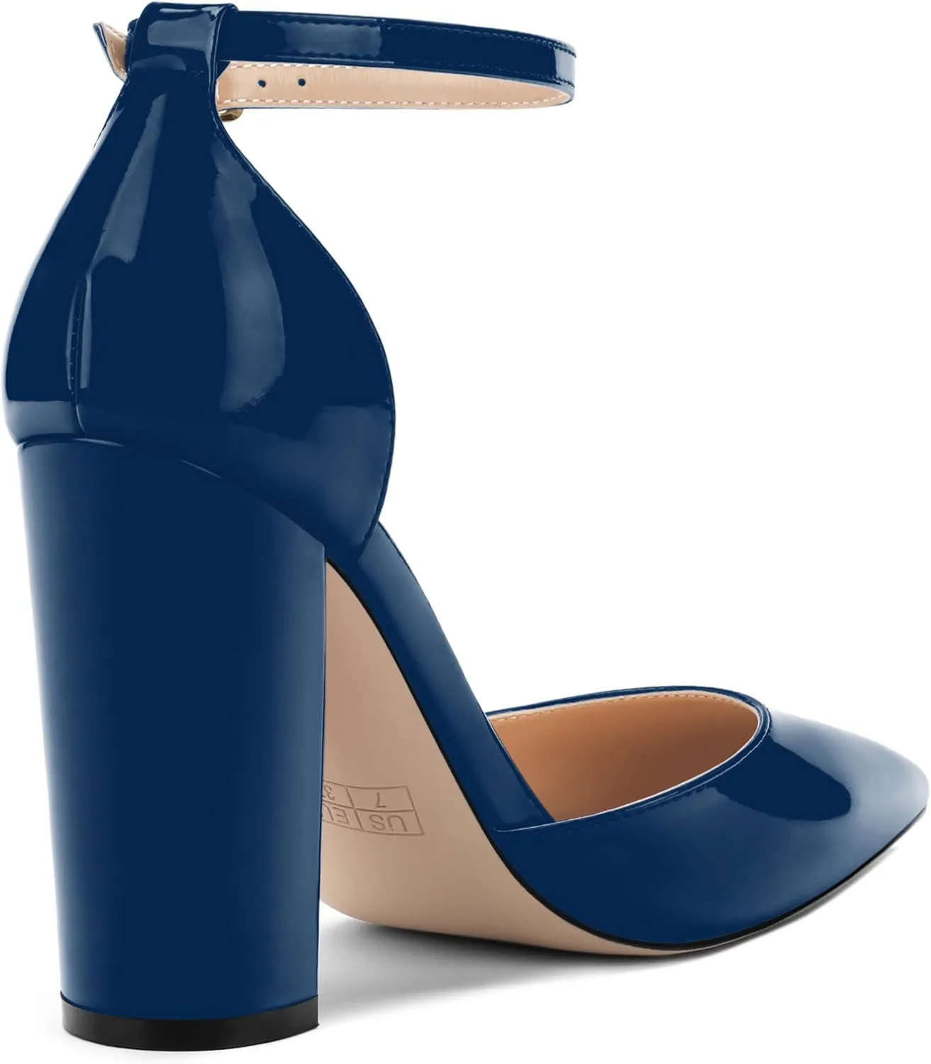 Ankle Strap Heels for Women,Chunky Block Closed Pointed Toe Patent Pumps,Dress Wedding Party Shoes 3 Inch