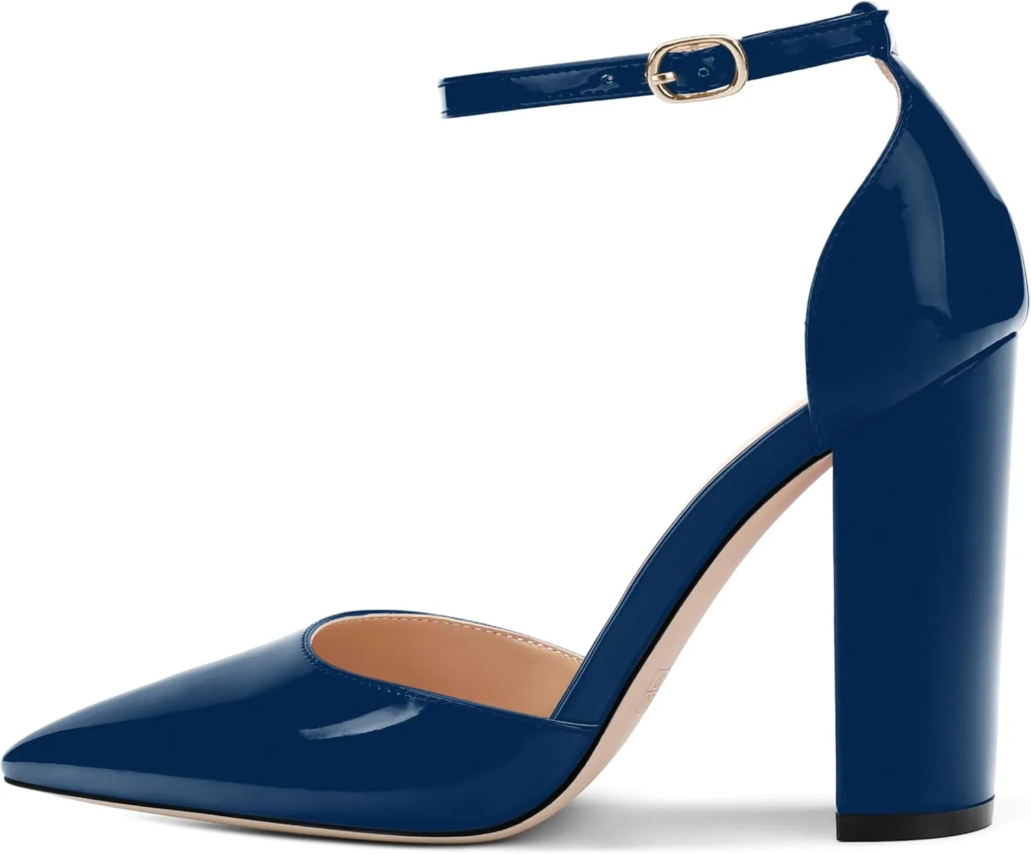 Ankle Strap Heels for Women,Chunky Block Closed Pointed Toe Patent Pumps,Dress Wedding Party Shoes 3 Inch