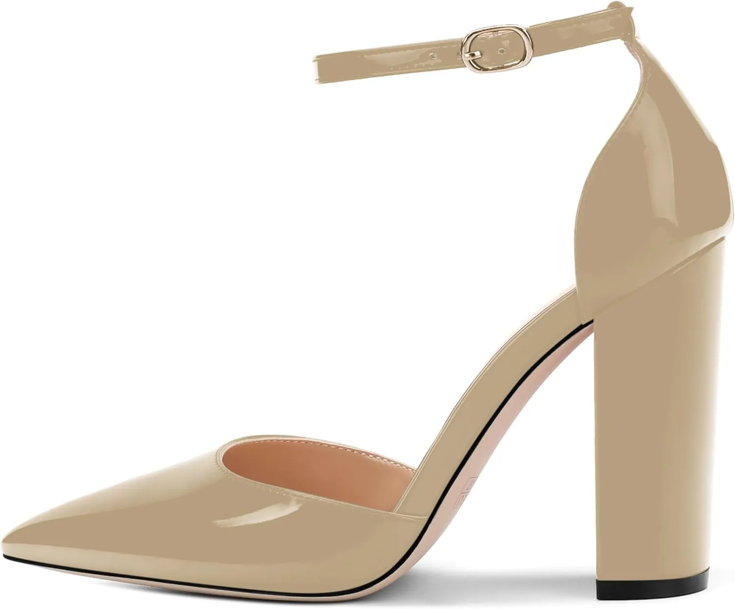 Ankle Strap Heels for Women,Chunky Block Closed Pointed Toe Patent Pumps,Dress Wedding Party Shoes 3 Inch