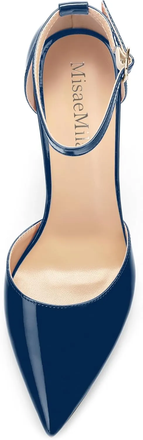 Ankle Strap Heels for Women,Chunky Block Closed Pointed Toe Patent Pumps,Dress Wedding Party Shoes 3 Inch