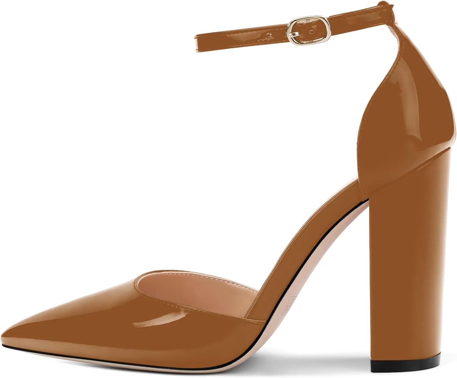 Ankle Strap Heels for Women,Chunky Block Closed Pointed Toe Patent Pumps,Dress Wedding Party Shoes 3 Inch