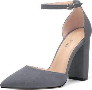 Ankle Strap Heels for Women,Chunky Block Closed Pointed Toe Pumps,Dress Wedding Party Shoes 3 Inch