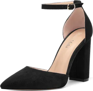 Ankle Strap Heels for Women,Chunky Block Closed Pointed Toe Pumps,Dress Wedding Party Shoes 3 Inch