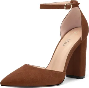 Ankle Strap Heels for Women,Chunky Block Closed Pointed Toe Pumps,Dress Wedding Party Shoes 3 Inch