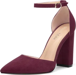 Ankle Strap Heels for Women,Chunky Block Closed Pointed Toe Pumps,Dress Wedding Party Shoes 3 Inch