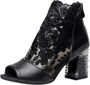 ANUFER Women Breathable Lace Peep Toe/Closed Toe Block Kitten Heel Summer Sandal Booties Dress Pumps Shoes