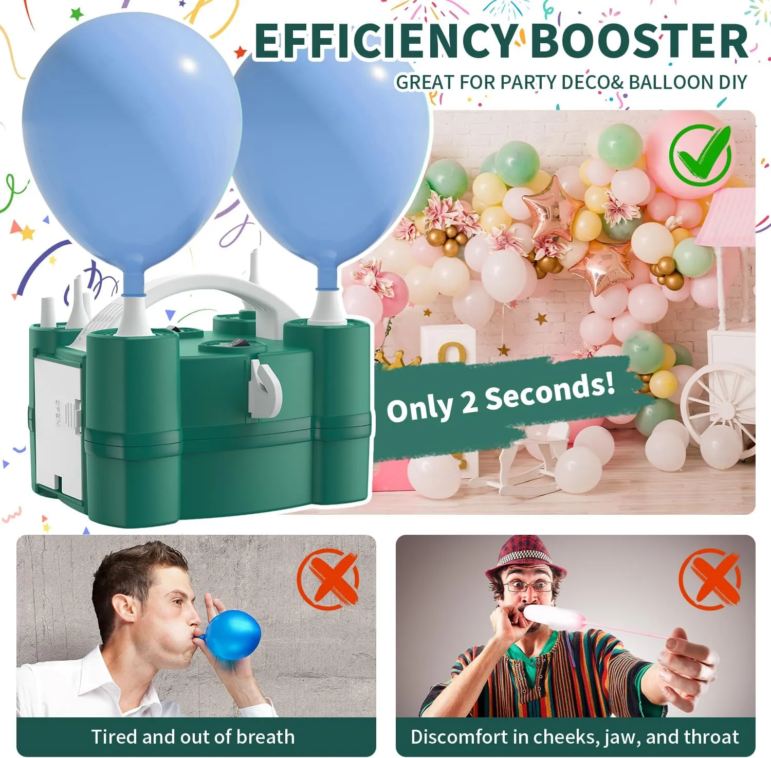 Balloon Pump 3-in-1 Electric Air Pump for All Balloons& Inflatables, Triple Inflating Ports for Latex 260q Foil Mylar Balloon Inflation, Quick-Fill Inflator Deflator for Pool Floats Air Beds