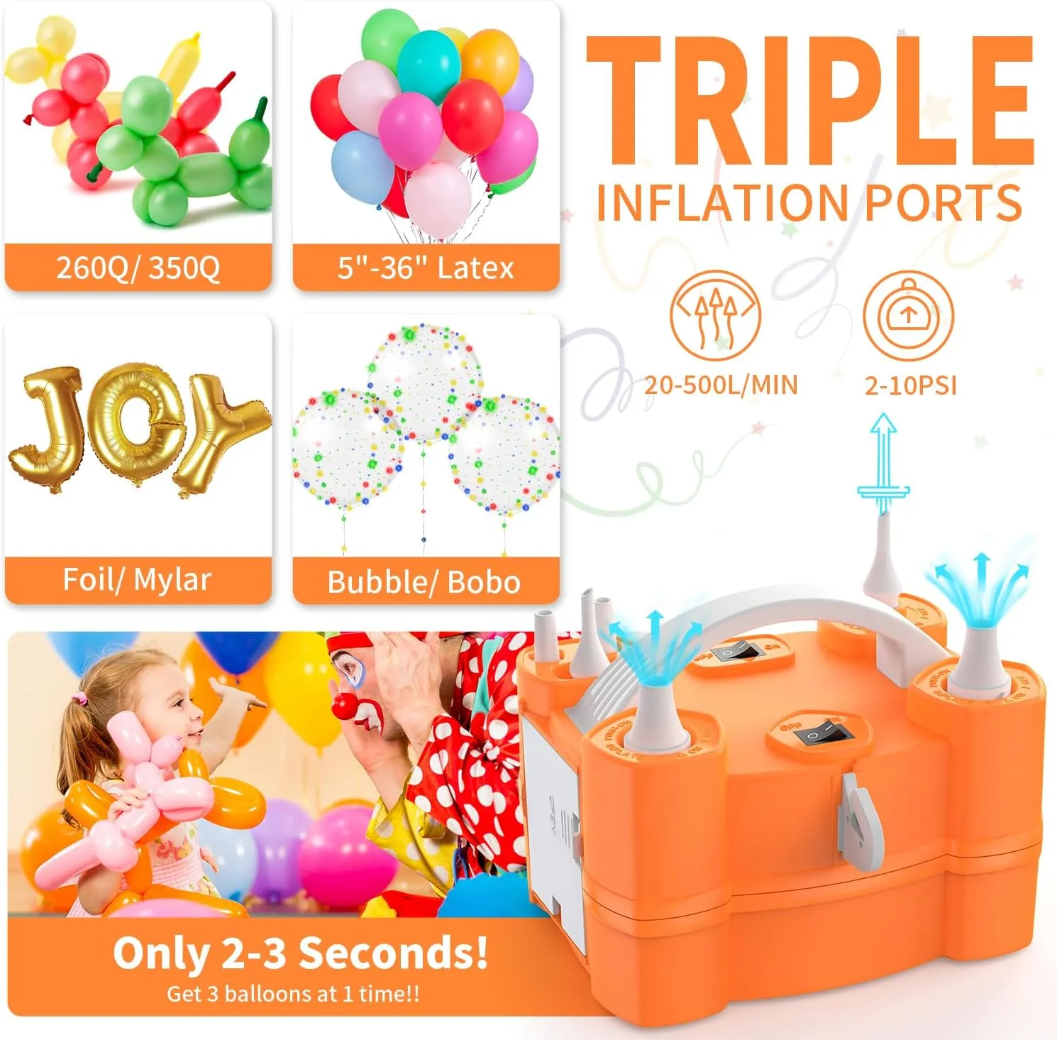 Balloon Pump 3-in-1 Electric Air Pump for All Balloons& Inflatables, Triple Inflating Ports for Latex 260q Foil Mylar Balloon Inflation, Quick-Fill Inflator Deflator for Pool Floats Air Beds