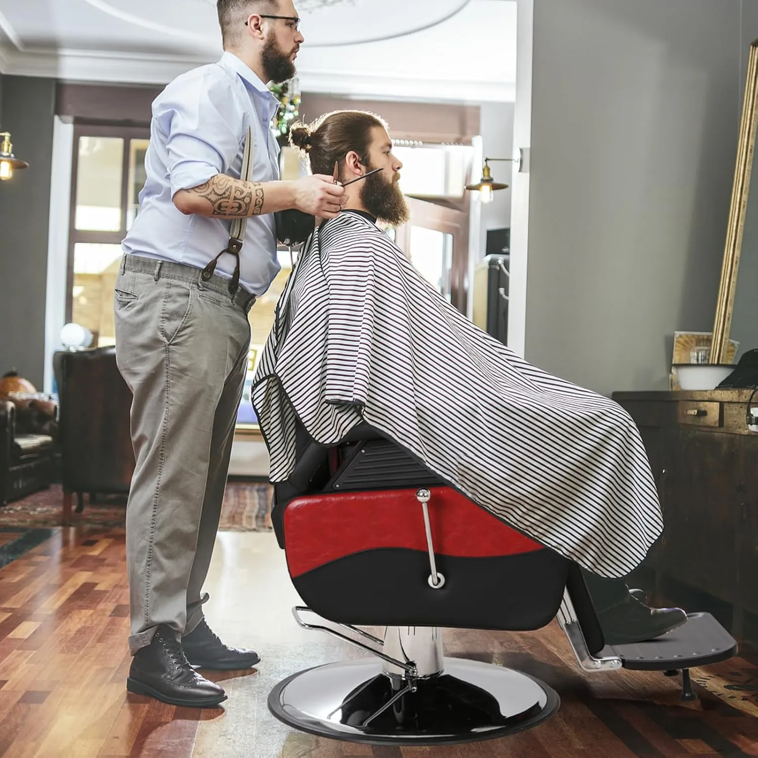 Barber Salon Hair Chairs for Barbershop, Heavy Duty Hydraulic Barber Chair 360° Swivel Reclining, Adjustable PU Leather Beauty Salon Chair for Barbershop Spa Black/Red